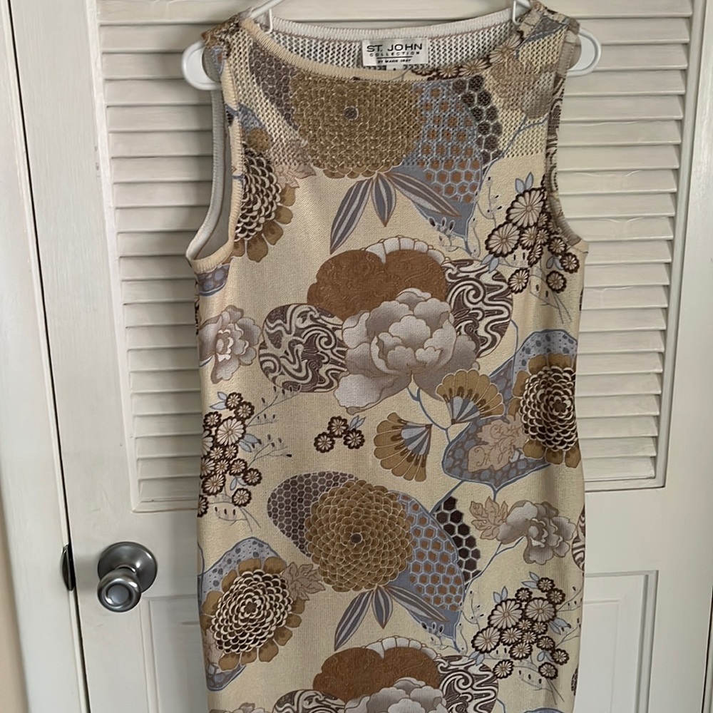 St. John Beige, Brown & Blue Floral Midi Dress